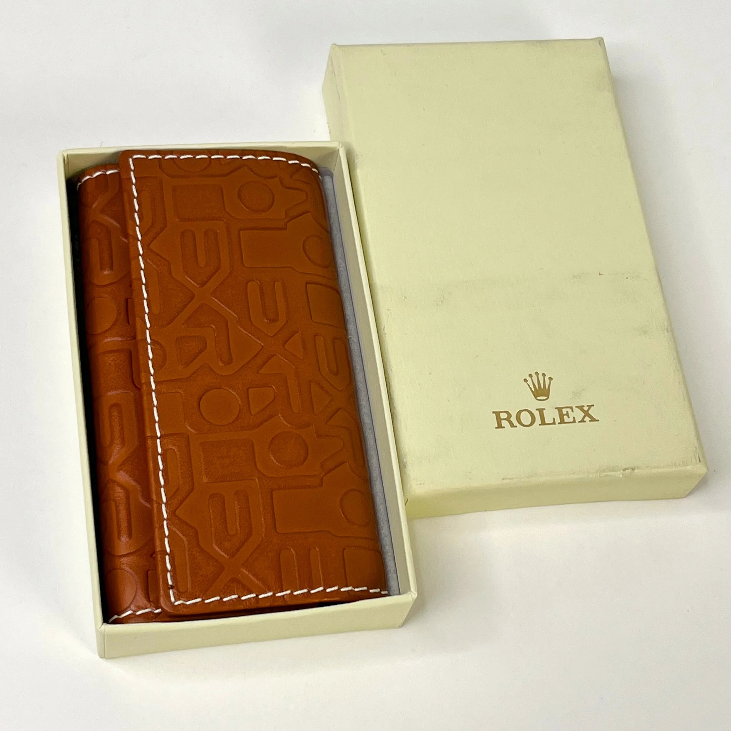 ROLEX ブラウンレザーキーケース+ ハンカチ2枚 Rolex Brown Embossed Leather Key Holder with Crown Motif & Snap